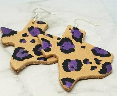 Texas Shaped Hand Painted Purple and Black Leopard Print Real Leather Earrings