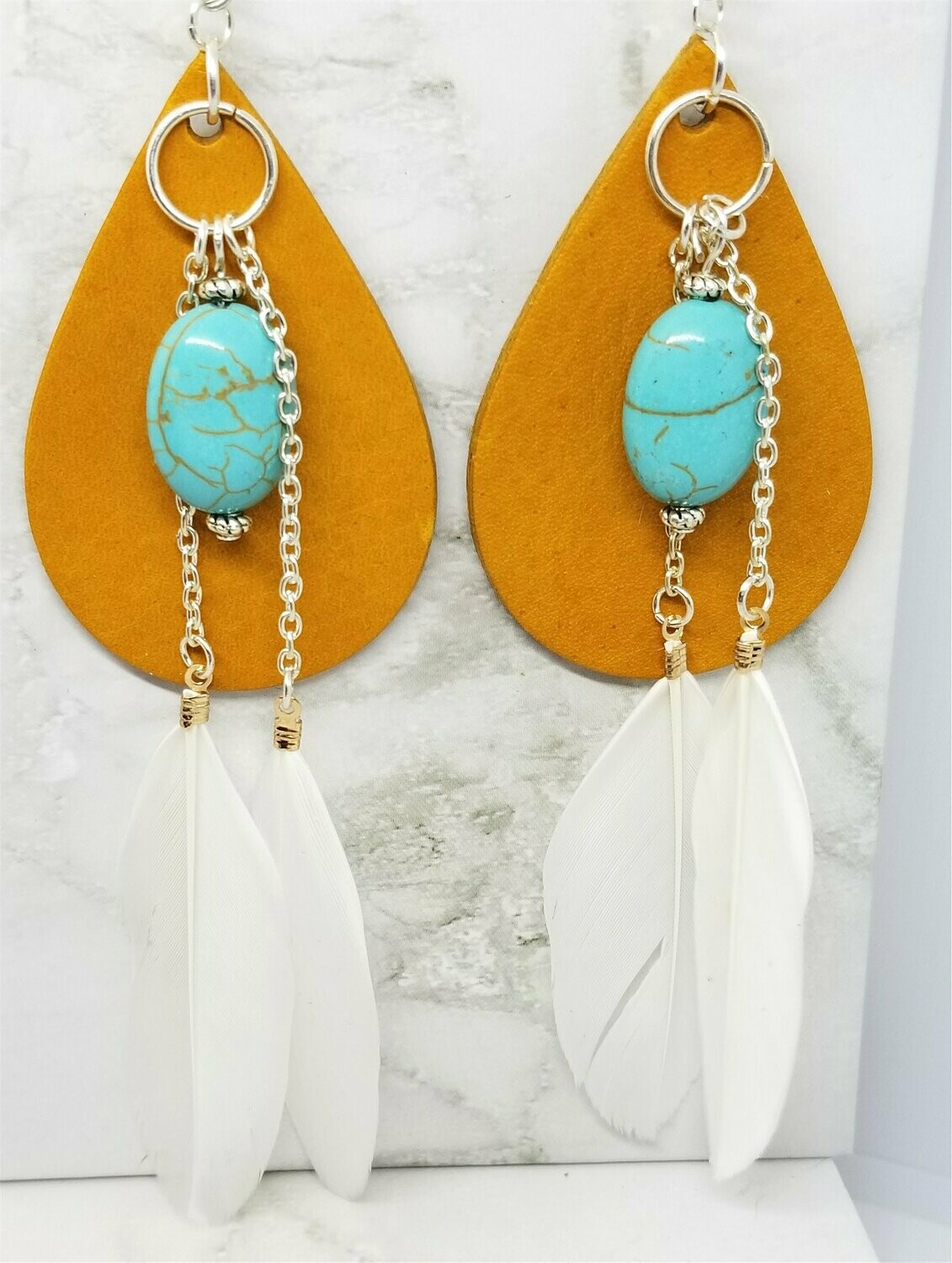 Southwestern Inspired Tan Leather Earrings with Turquoise Magnesite and White Feather Dangles