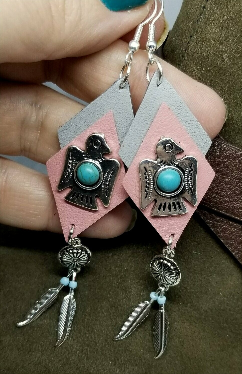 Southwestern Themed Pink and Gray Diamond Real Leather Earrings