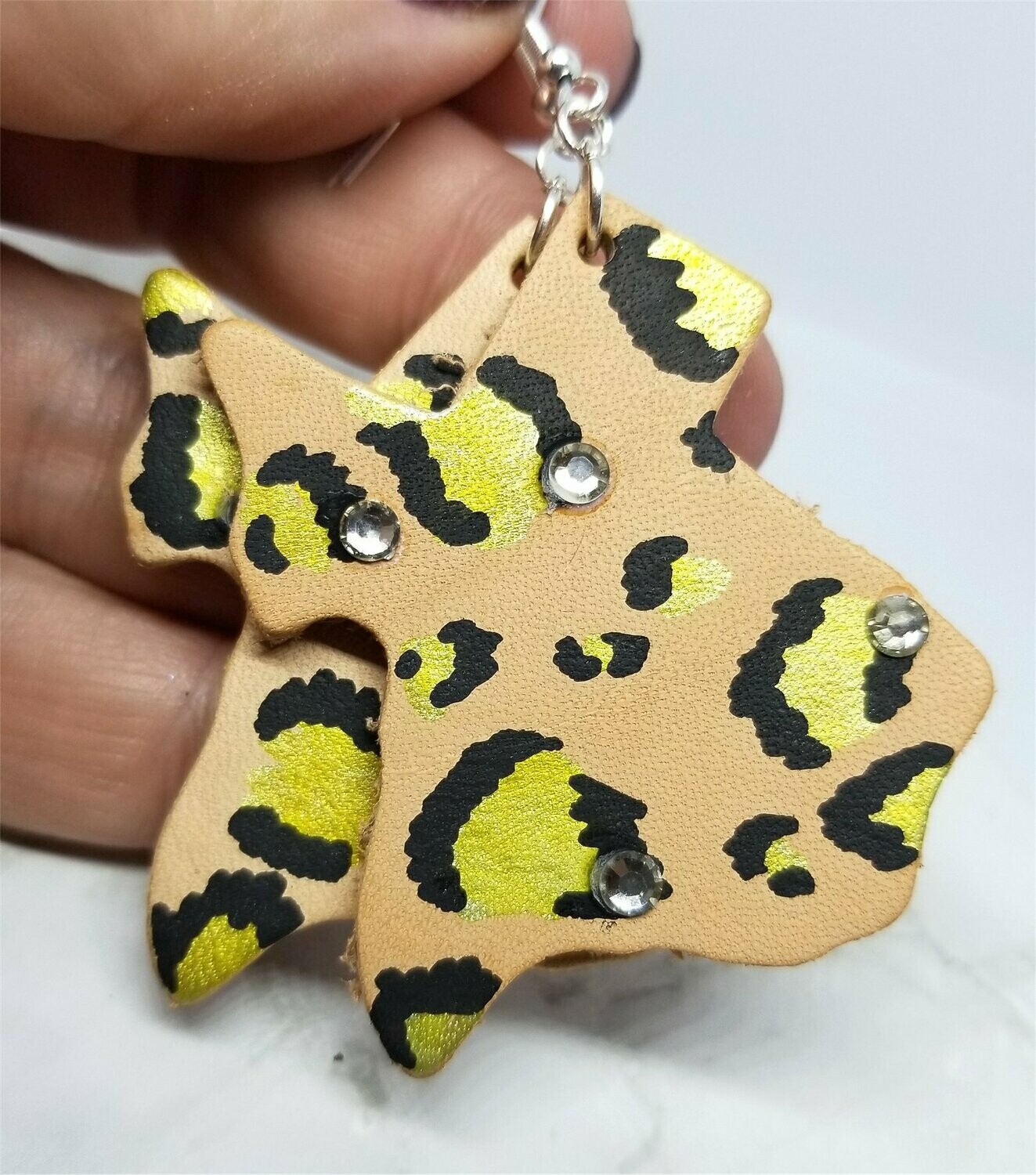 Texas Shaped Hand Painted Gold and Black Leopard Print Real Leather Earrings with Rhinestone Accents