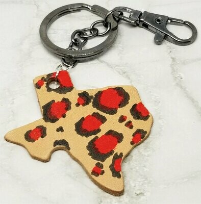 Texas Shaped Hand Painted Red and Black Leopard Print Real Leather Keychain