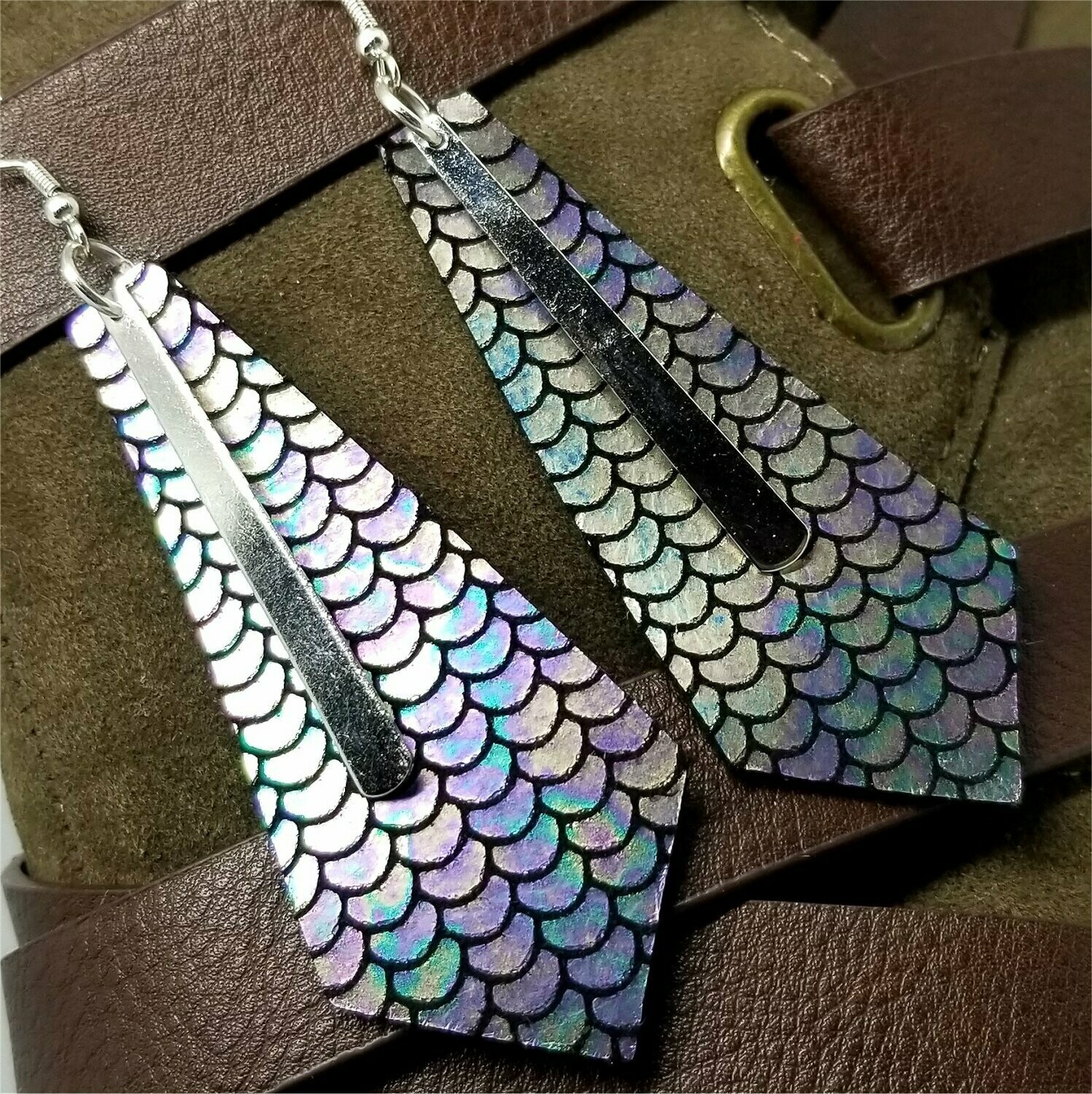 Tie Shaped Mermaid Scales Leather Earrings with Long Silver Charms
