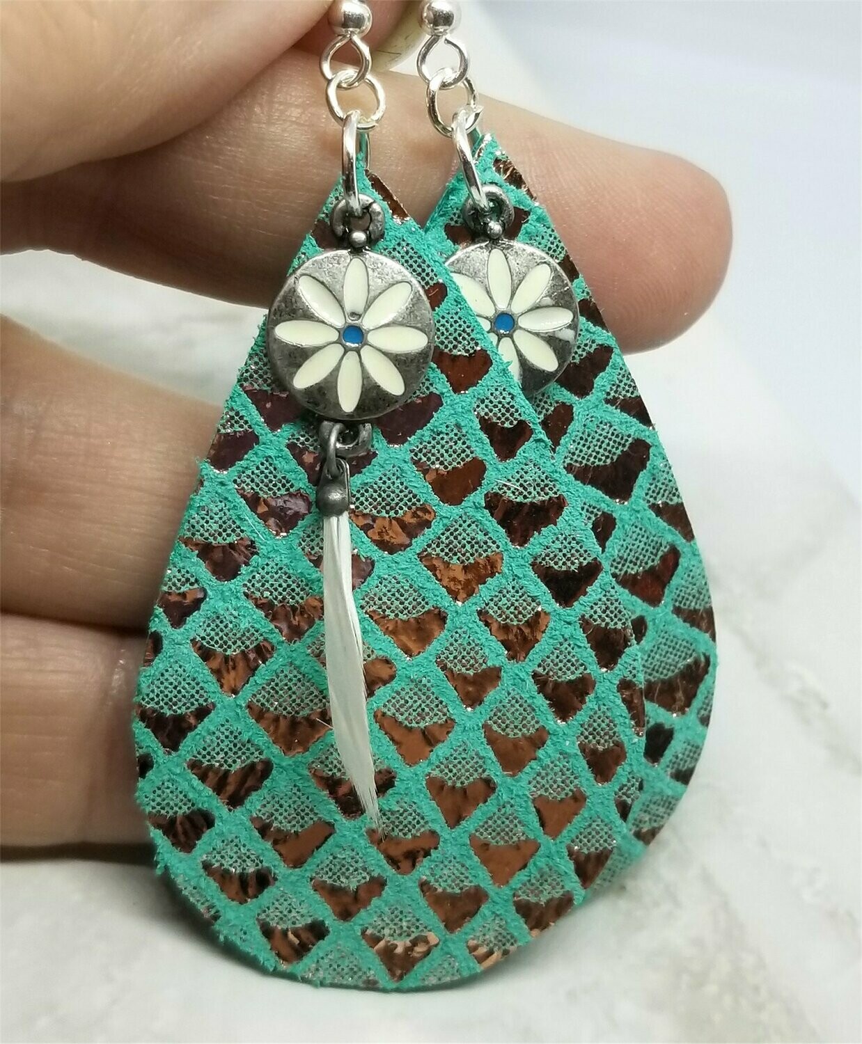 Turquoise Colored Tear Drop Shaped Real Leather Earrings with Metallic Gold Diamond Shapes and Flower Charm with Feather Overlays