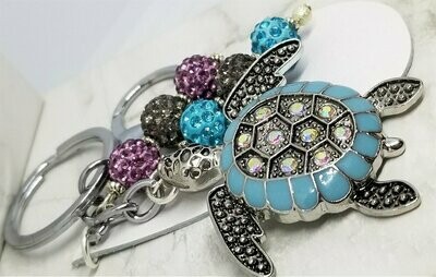 Turtle Pendant with Real Leather on a Silver Toned Metal Keychain