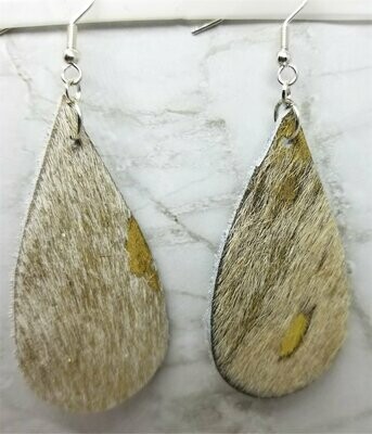 White and Gold Hair on Hide Leather Tear Drop Earrings