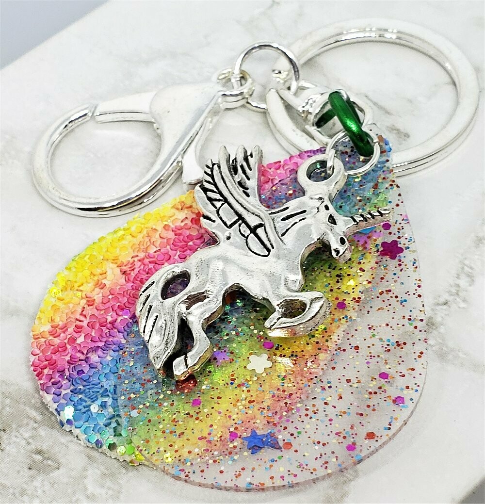 Winged Unicorn Charm on Faux Rainbow Glitter Leather Keychain