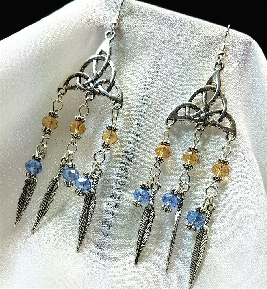 Chandelier Triquetra Earrings with Fire Polished Czech Beads and Silver Feather Charms
