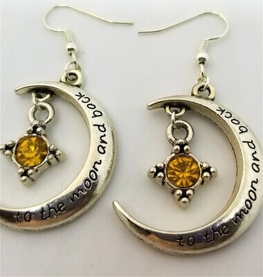 Love You To The Moon and Back Dangle Earrings with Golden Yellow Crystal Charm Dangles