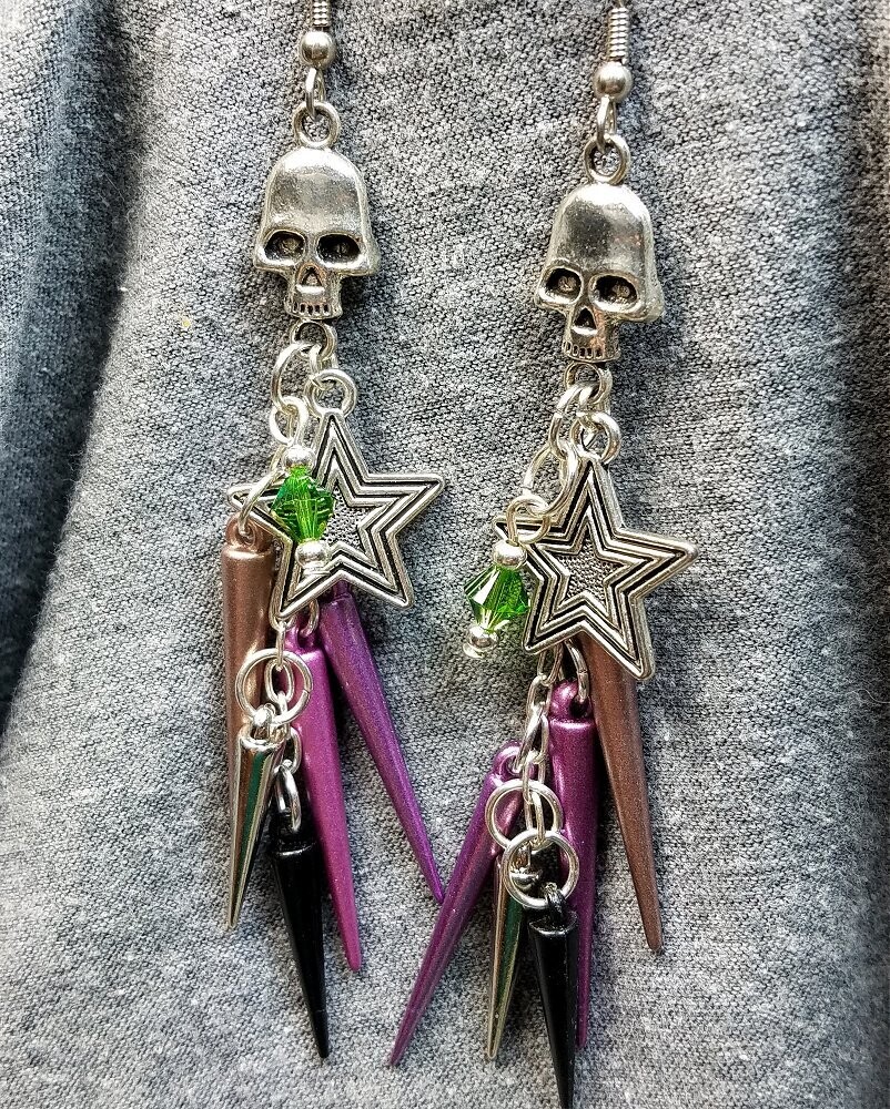 Skulls with Spikes, Stars and Swarovski Crystal Cascading Earrings
