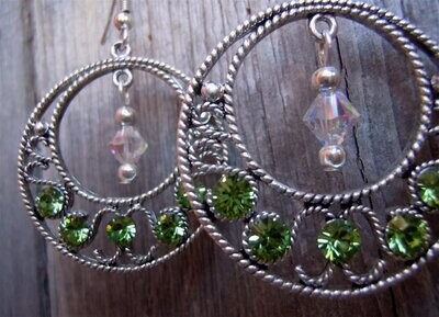 Round Silver Earrings with Peridot Crystals and a Clear AB Swarovski Crystal Dangle