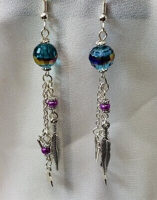 Faceted Aqua Blue Glass Bead Dangle Earrings with Charm and Glass Seed Bead Dangles