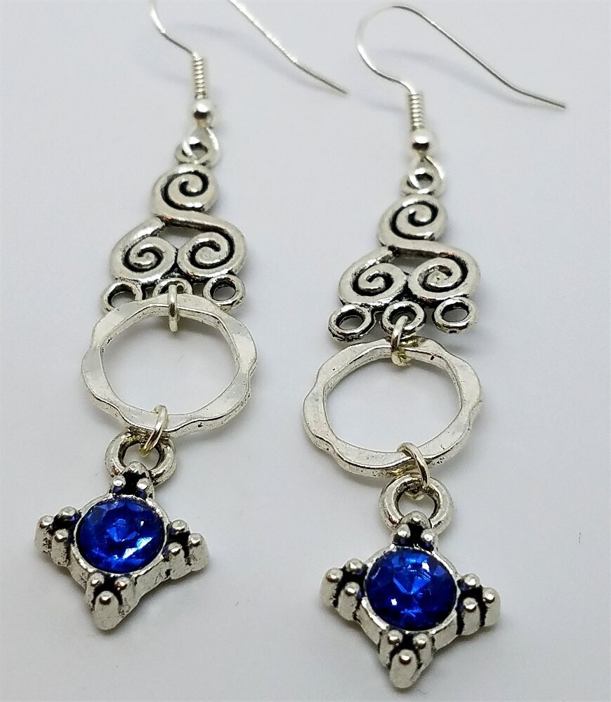 Silver Chandelier Earrings with Blue Crystal Charms