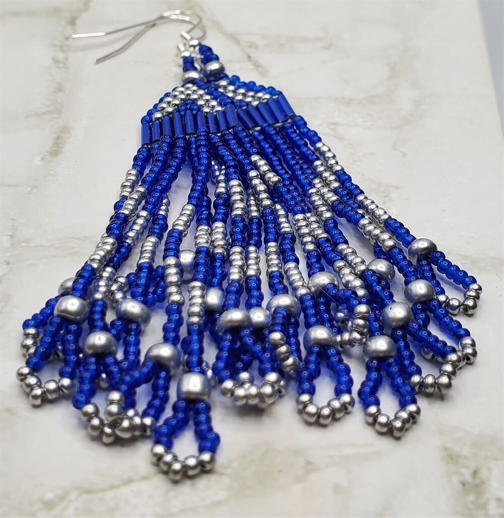 Blue and Metallic Silver Brick Stitch Earrings