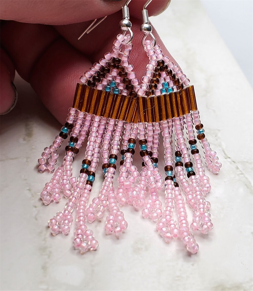 Brown, Pink and Blue Colored Petite Brick Stitch Earrings