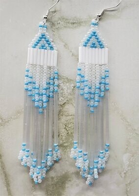 White and Light Blue Long Brick Stitch Earrings