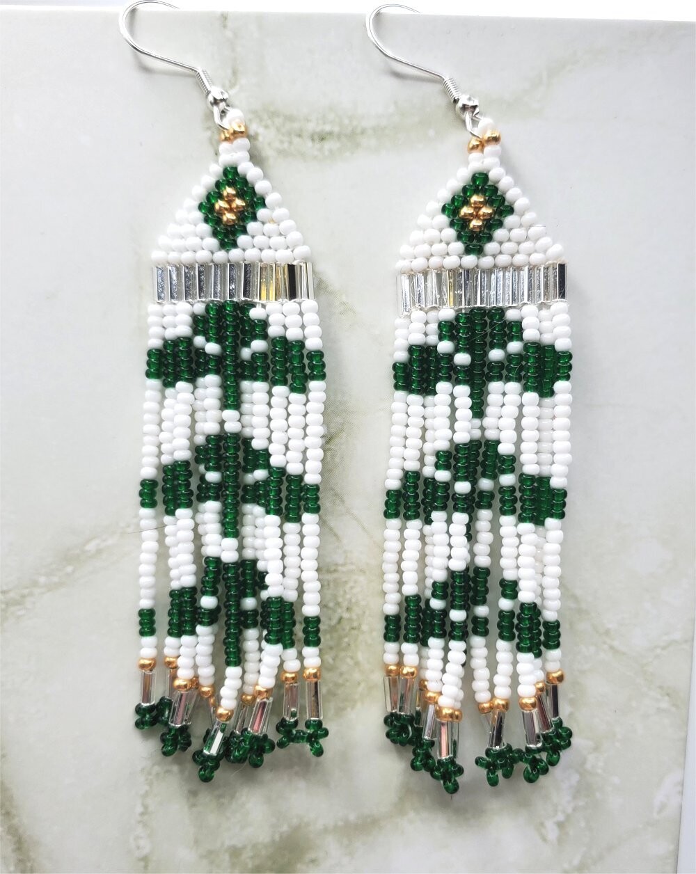 White with Green Shamrocks Long Brick Stitch Earrings