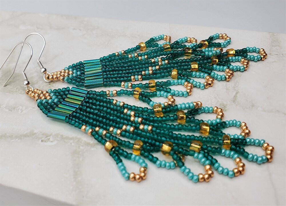 Teal, Turquoise and Metallic Gold Long Brick Stitch Earrings