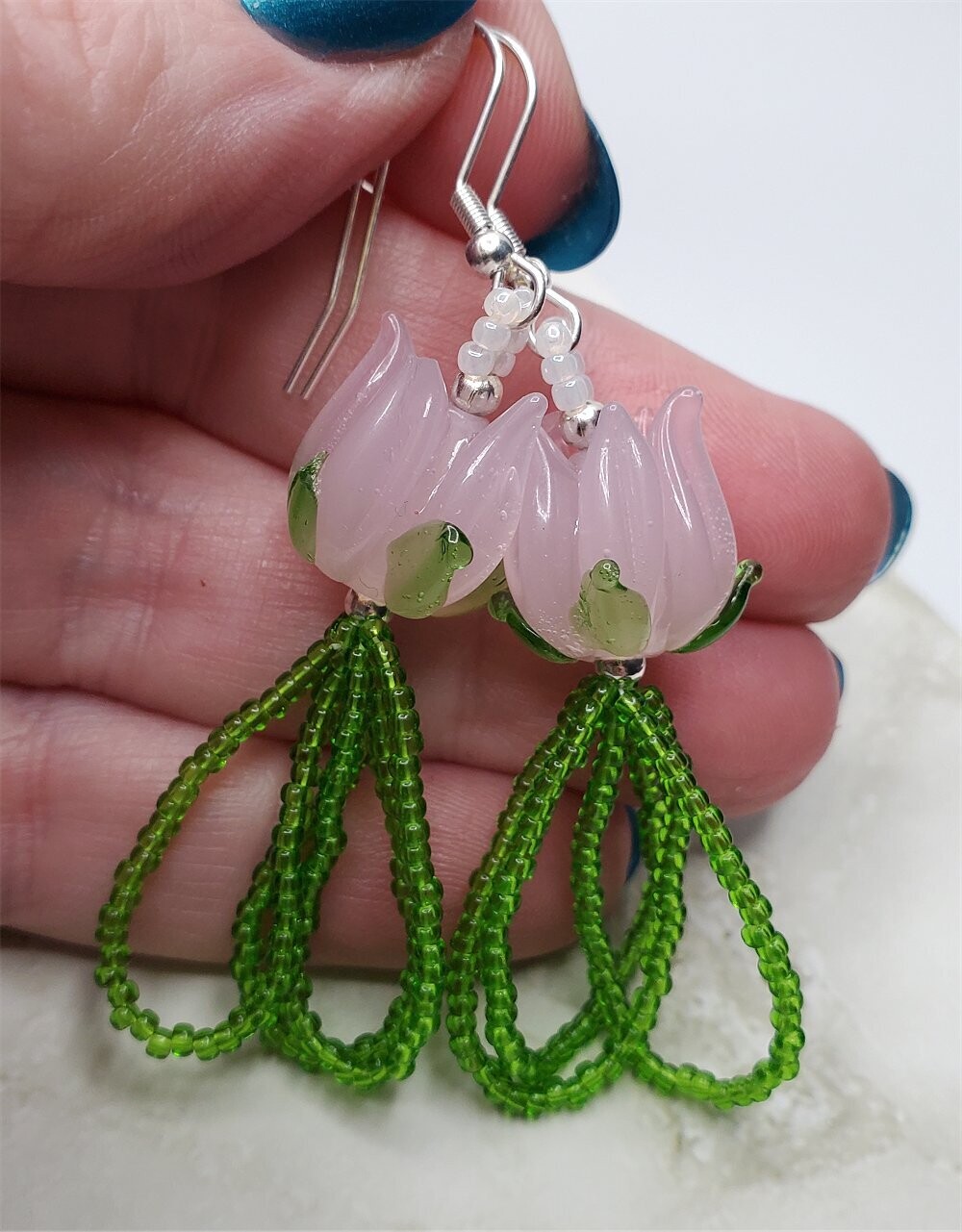 Lampwork Style Pink Tulip Glass Bead Earrings with Green Seed Bead Dangles