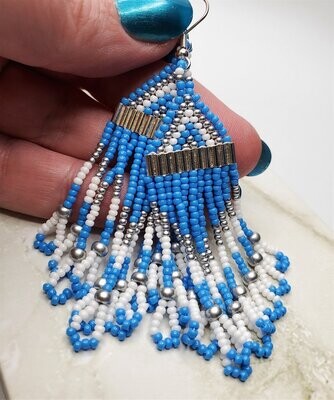 Blue, White and Metallic Silver Brick Stitch Earrings
