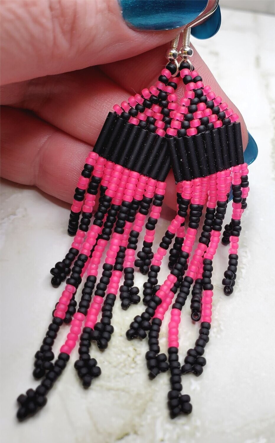 Black Matte and UV Reactive Pink Matte Brick Stitch Earrings