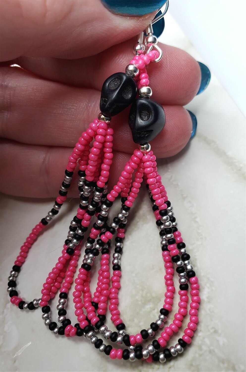 Black Dyed Magnesite Skull Earrings with Pink, Black and Silver Seed Bead Dangles