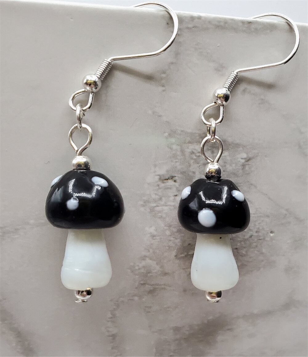 Lampwork Style Black Cap Mushroom Glass Bead Earrings