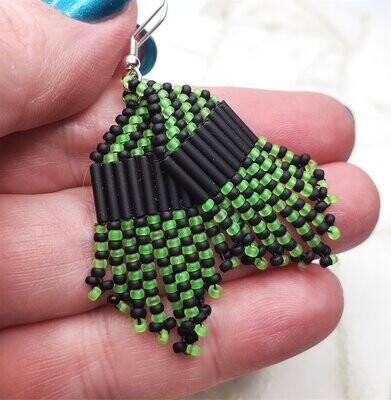 Black and Neon Green "Checkered" Petite Brick Stitch Earrings - UV Reactive