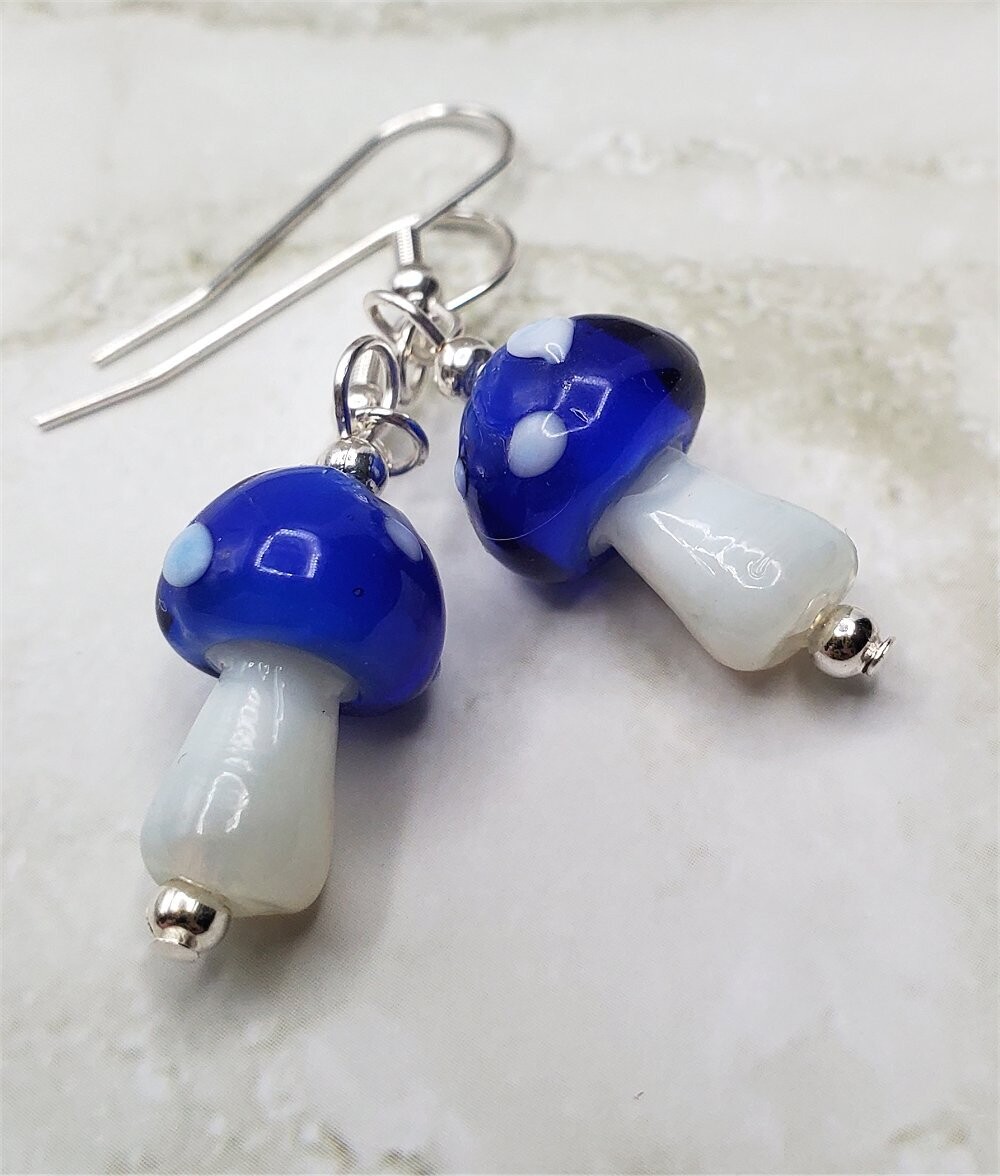 Lampwork Style Blue Cap Mushroom Glass Bead Earrings