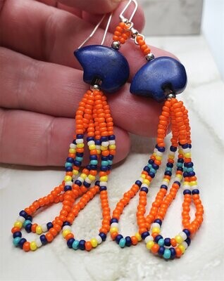 Blue Zuni Bear Magnesite Bead Earrings with Seed Bead Dangles