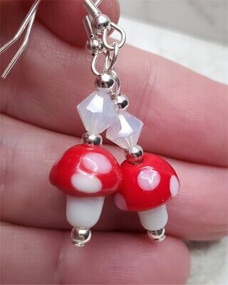 Lampwork Style Red Cap with White Spots Mushroom Glass Bead Earrings with Opal Swarovski Crystals