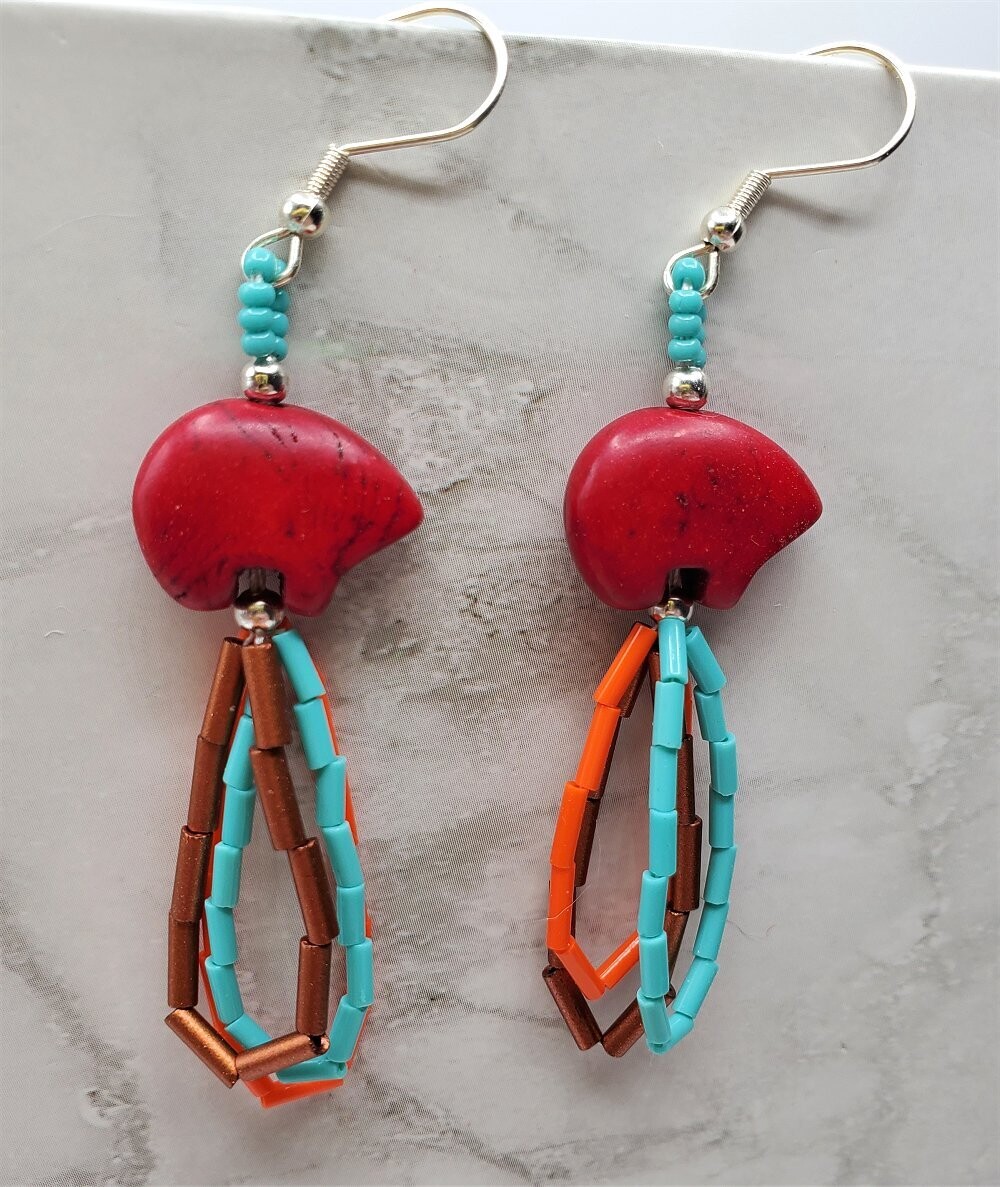 Red Zuni Bear Magnesite Bead Earrings with Bugle Bead Dangles