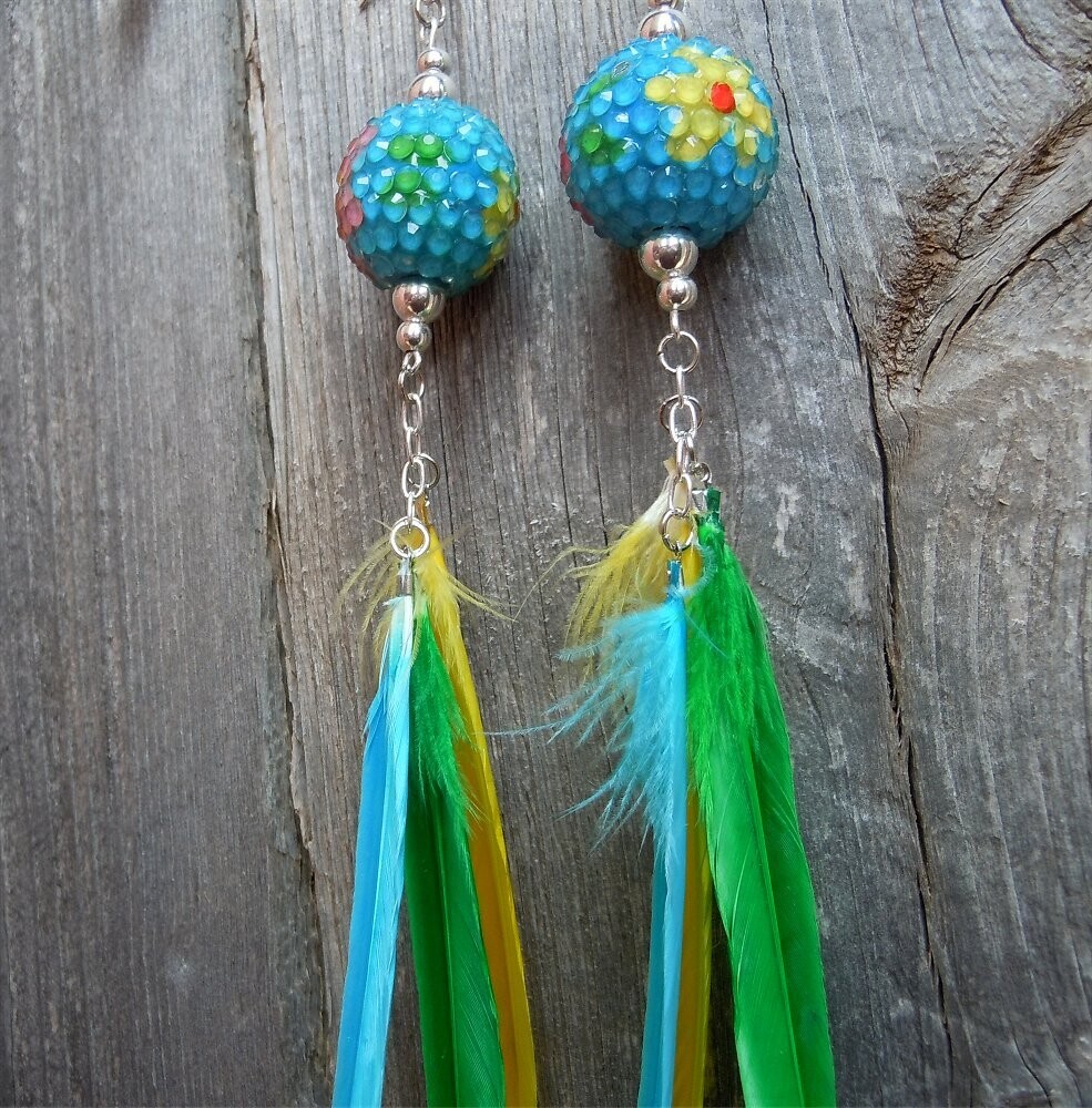 Blue Rhinestone Bead with Flowers and Feather Dangle Earrings