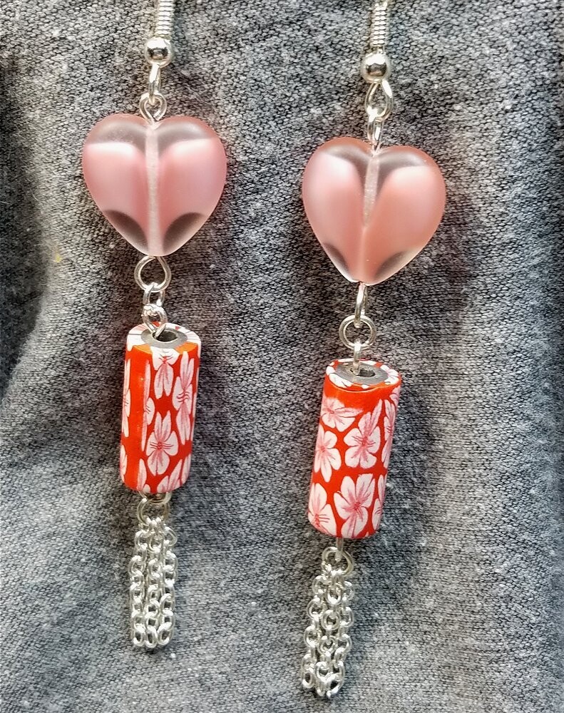 Glass Heart and Fimo Clay Flowered Bead Dangle Earrings with Chain Fringe
