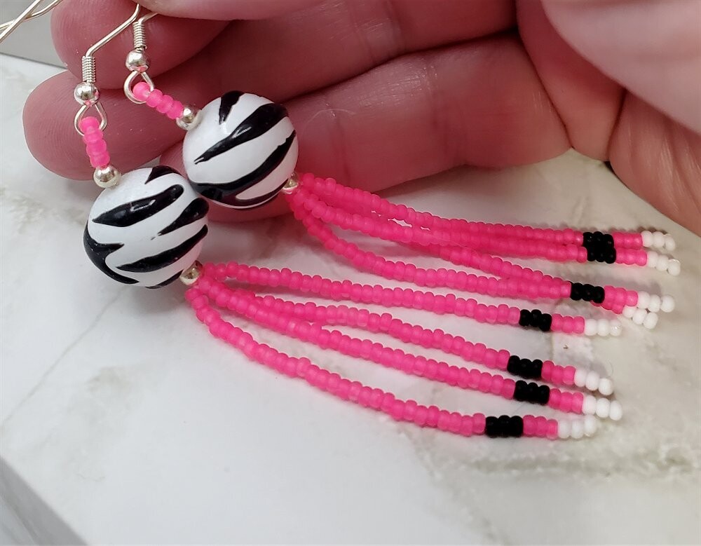 Black and White Zebra Striped Glass Bead Earrings with Seed Bead Dangles