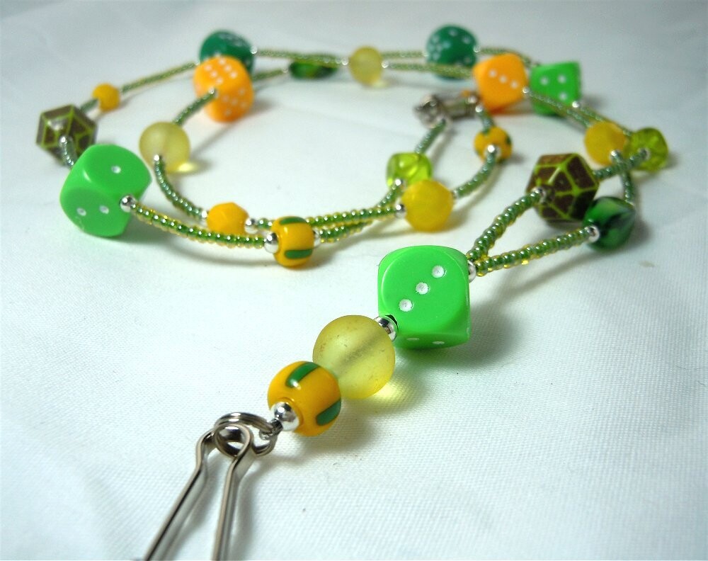 Green Seed Bead Dice Themed Lanyard with Glass and Acrylic Beads and Safety Clasp