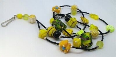 Black Seed Bead Lanyard with Glass and Ceramic Bee and Floral Theme Beads and Safety Clasp