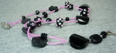 Hot Pink Seed Bead Lanyard with Pink and Black Glass Beads and Safety Clasp