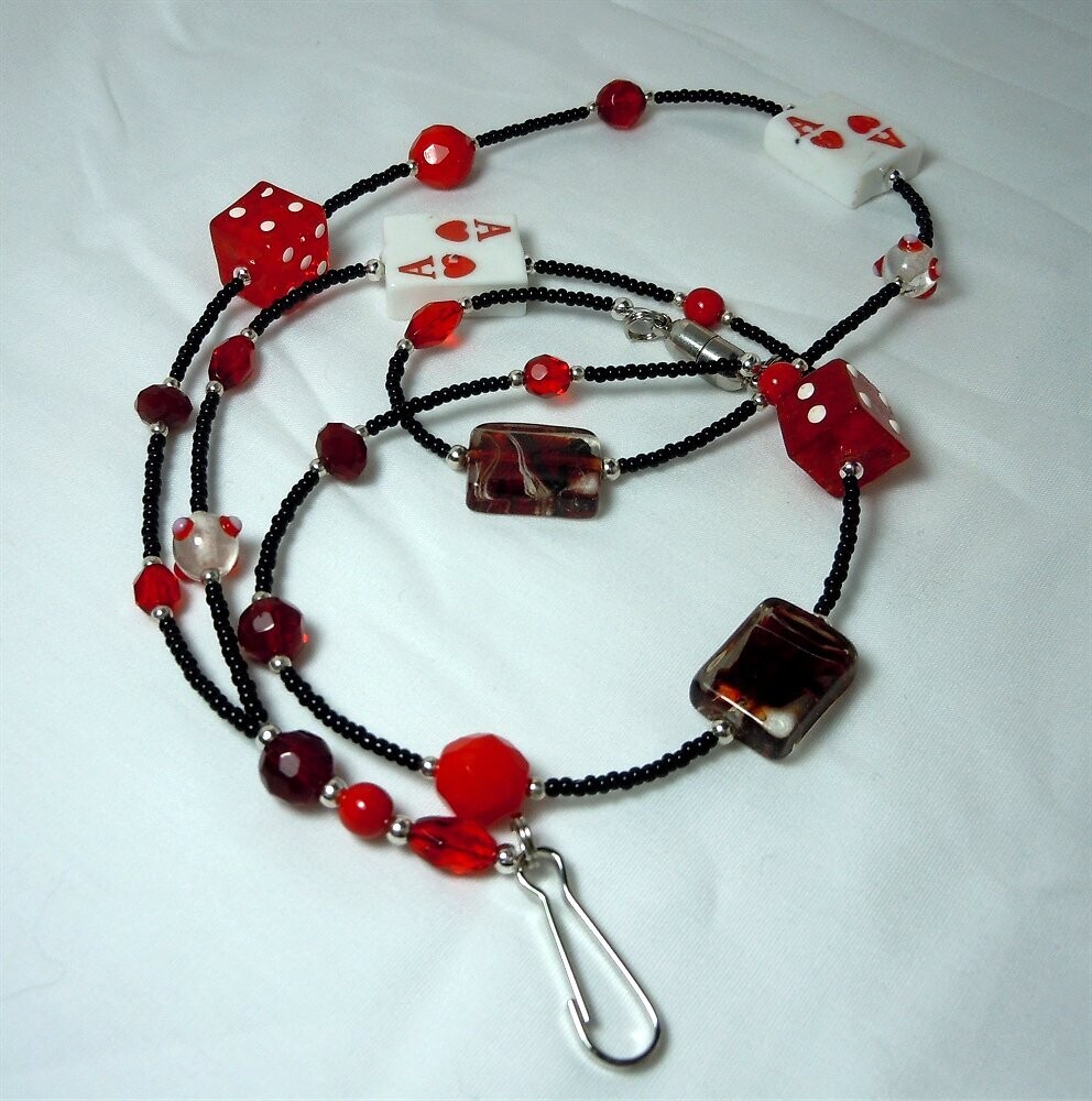Black Seed Bead Card and Dice Themed Lanyard with Glass Beads and Safety Clasp