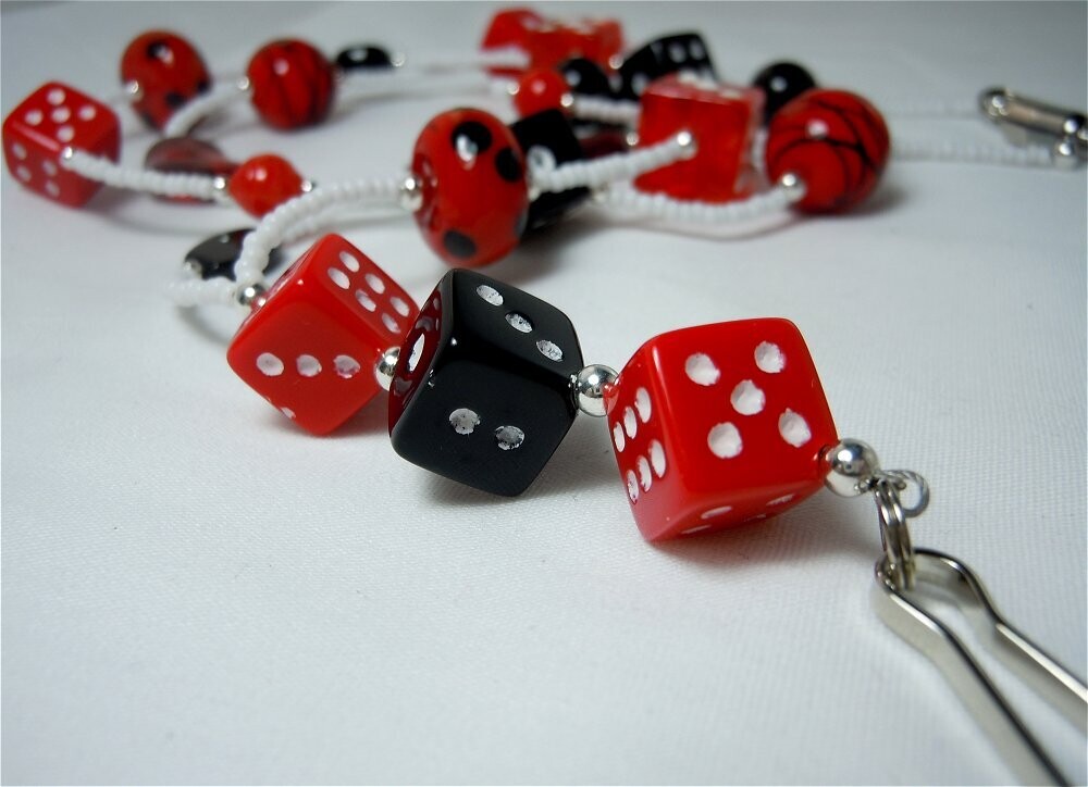 White Seed Bead Dice Themed Lanyard with Red and Black Glass Beads and Safety Clasp