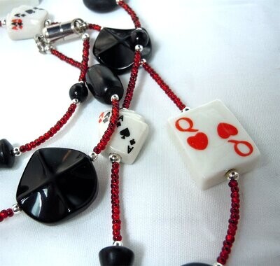 Red Seed Bead Card Themed Lanyard with Glass Beads and Safety Clasp