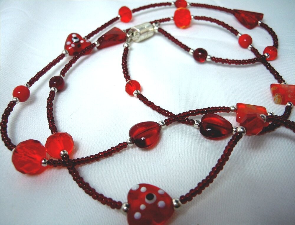 Red Seed Bead Lanyard with Red Glass Beads and Magnetic Safety Clasp