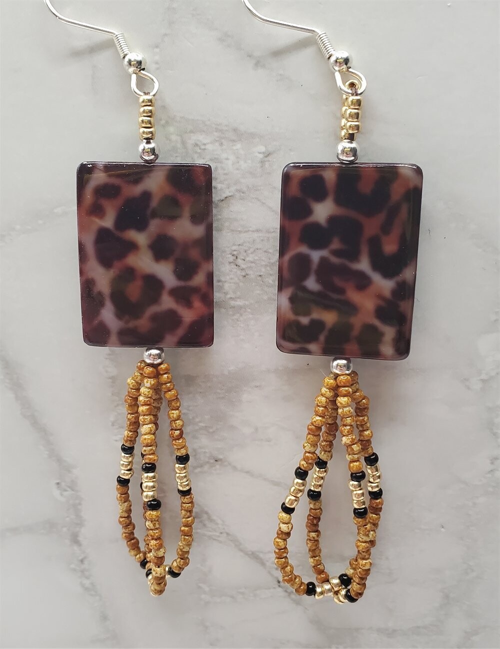 Leopard Print Shell Earrings with Seed Bead Dangles