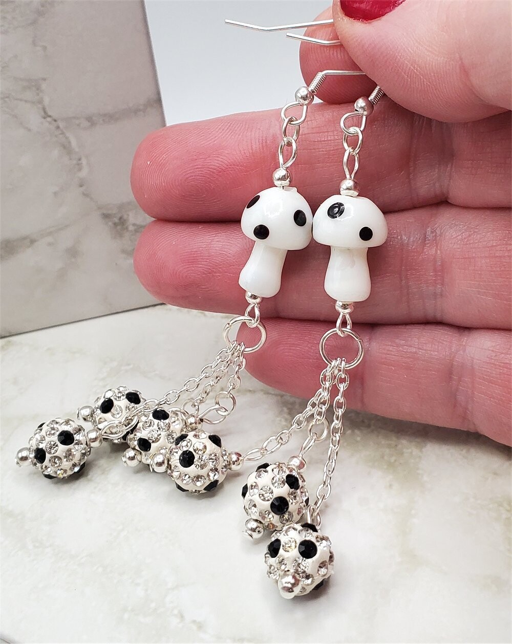 Lampwork Style White Cap Mushroom Glass Bead Earrings with White with Black Polka Dot Pave Beads