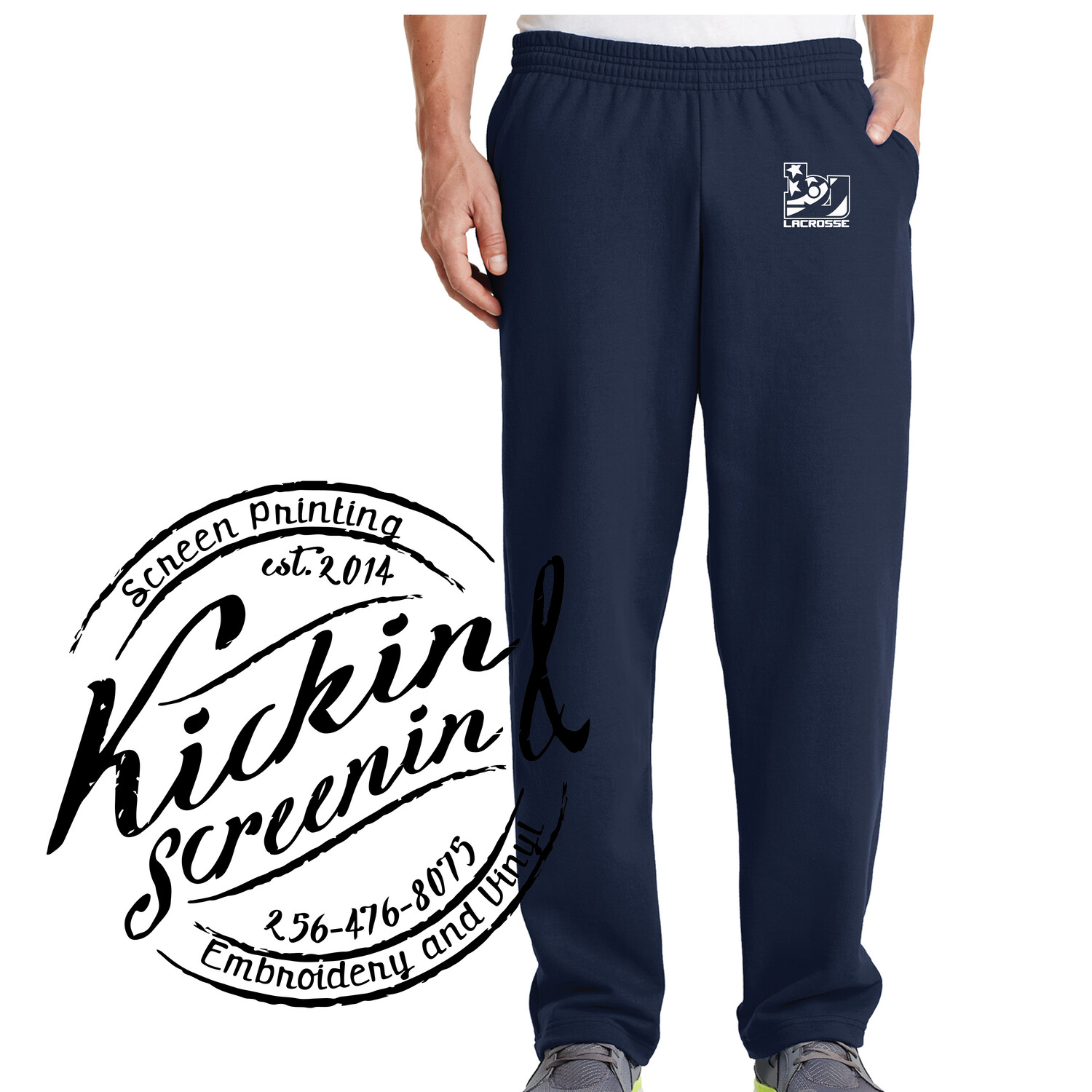 Bob Jones Logo Lacrosse Wide Ankle Sweatpants, Color: Navy, Size:: Small