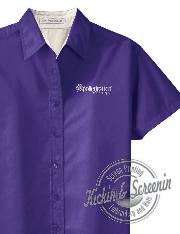Ladies Purple SRP Embroidered Short Sleeve Button Up
