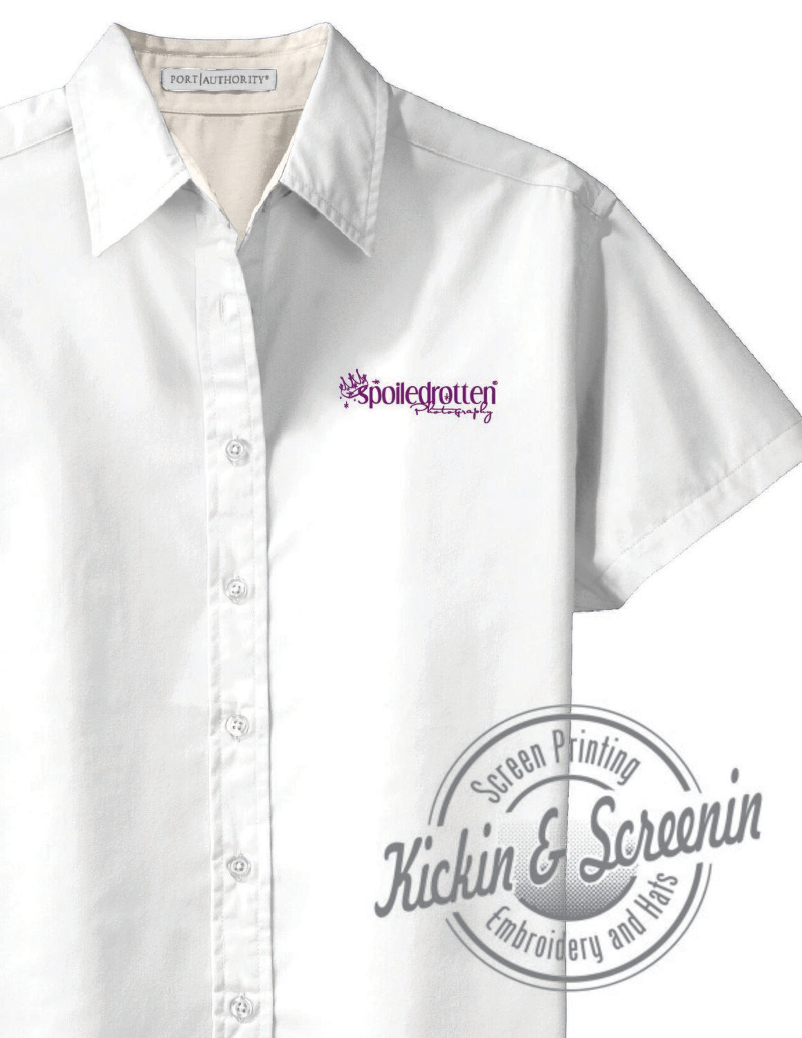 Ladies White SRP Embroidered Short Sleeve Button Up