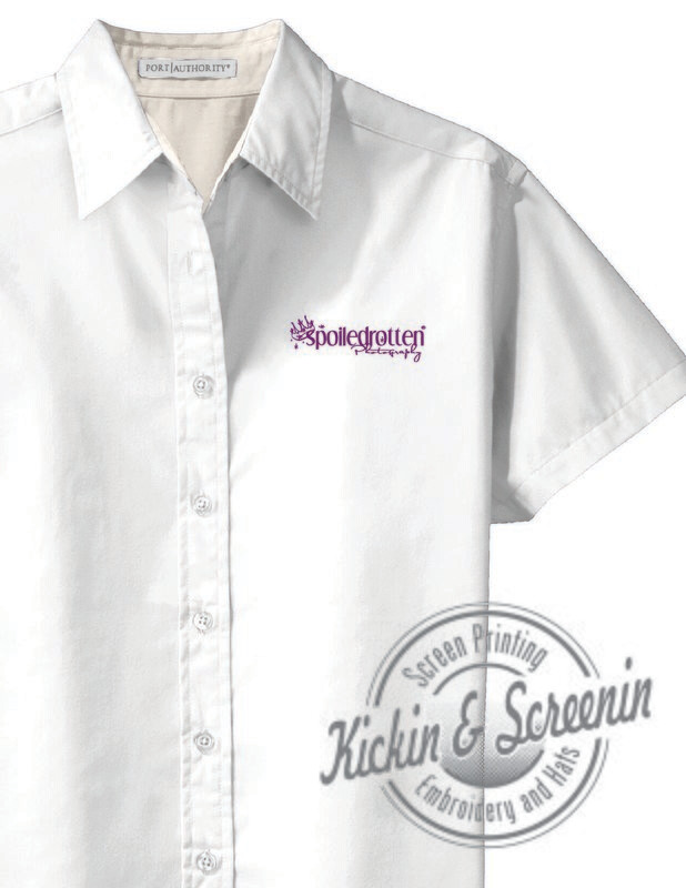 Ladies White SRP Embroidered Short Sleeve Button Up