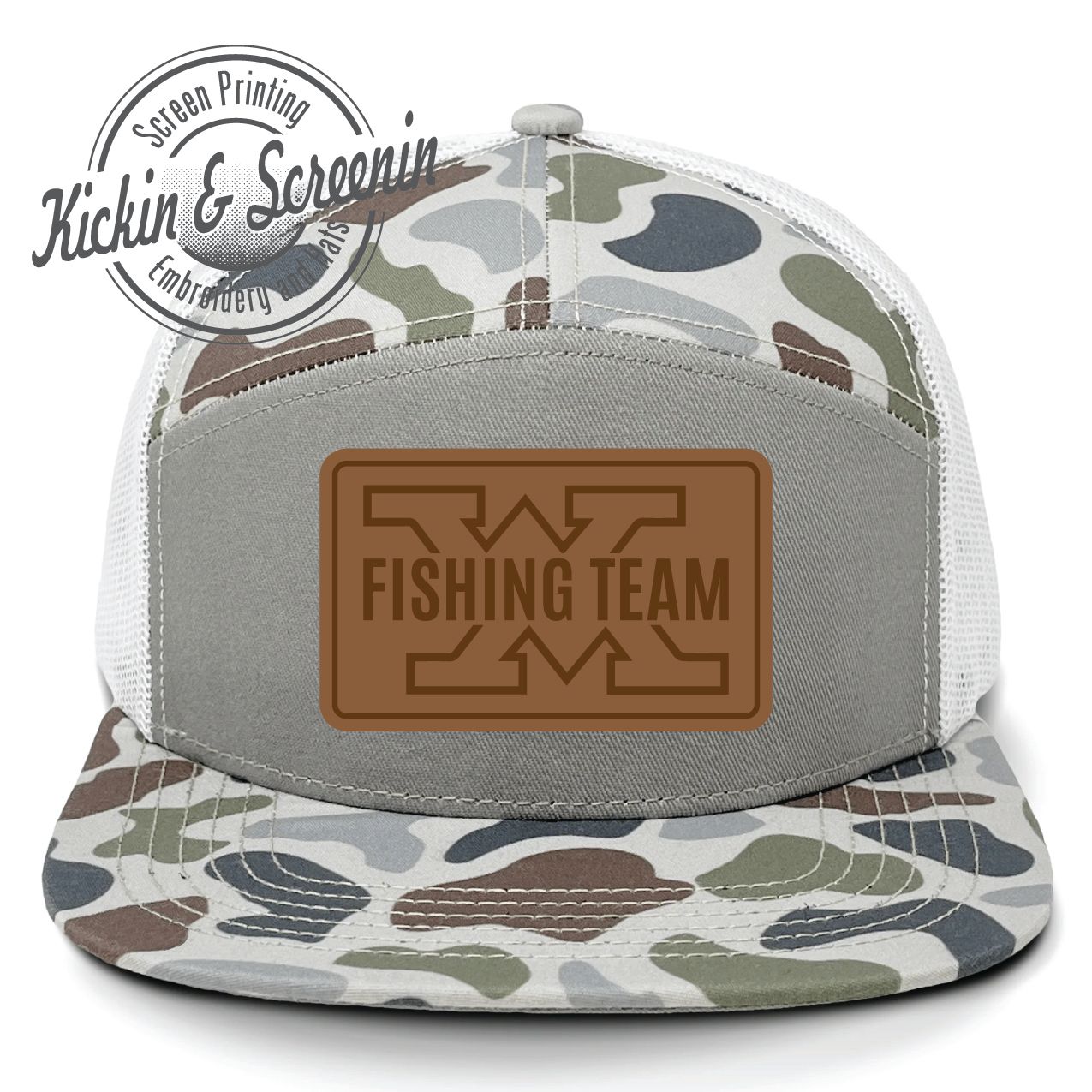 WM Fishing Team Leather Patch Hat - Old&#39;s Cool Camo Brackish/White - Lost Hat Co® SA7AGE Flat Bill