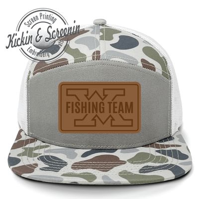 WM Fishing Team Leather Patch Hat - Old's Cool Camo Brackish/White - Lost Hat Co® SA7AGE Flat Bill