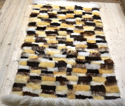 Lammfell-Teppich, Patchwork-Qualität, ca. 170x80 cm, gelb/schwarz/braun/weiß Nr. 2